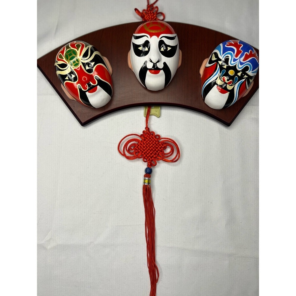 Chinese Peking Opera Hand Painted Clay Masks Wall Plaque Boxed 3 Faces